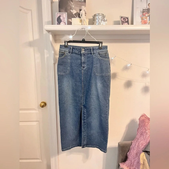 Vintage Carolina Blue Maxi Denim Skirt with Front Slit - Picture 1 of 8